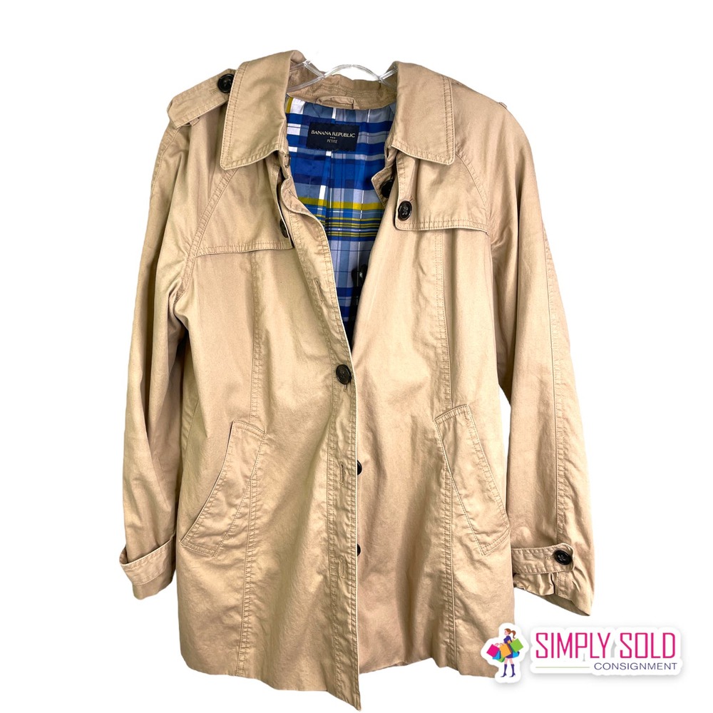Banana Republic Women's Trench Coat Jacket Camel Classic‎ Brown Plaid Lining  M